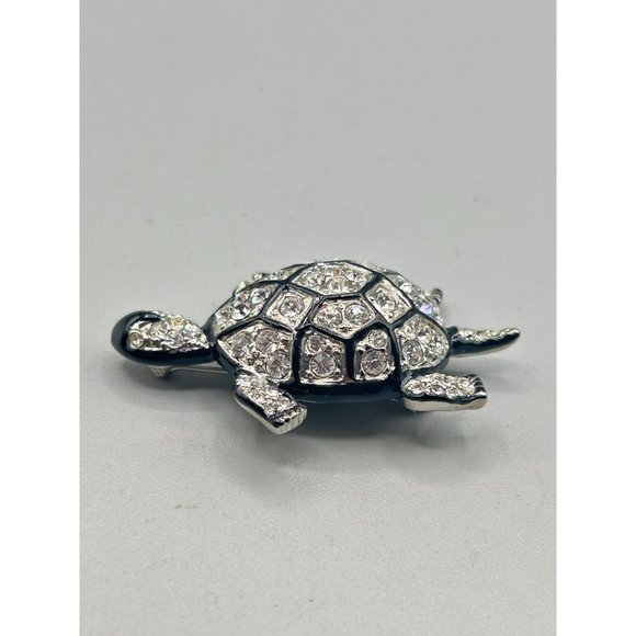 Kenneth Jay Lane KJL Turtle Pin Brooch Silver Tone Clear Crystals Black Enamel - Picture 3 of 9